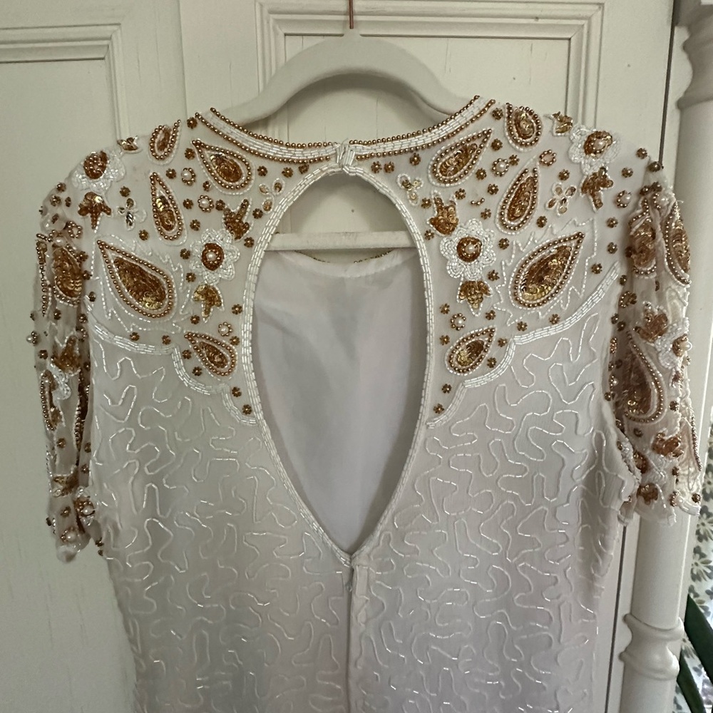 Vintage Lawrence Kazar Silk Beaded Sequined White And Gold Evening Dress Size L - Picture 5 of 7